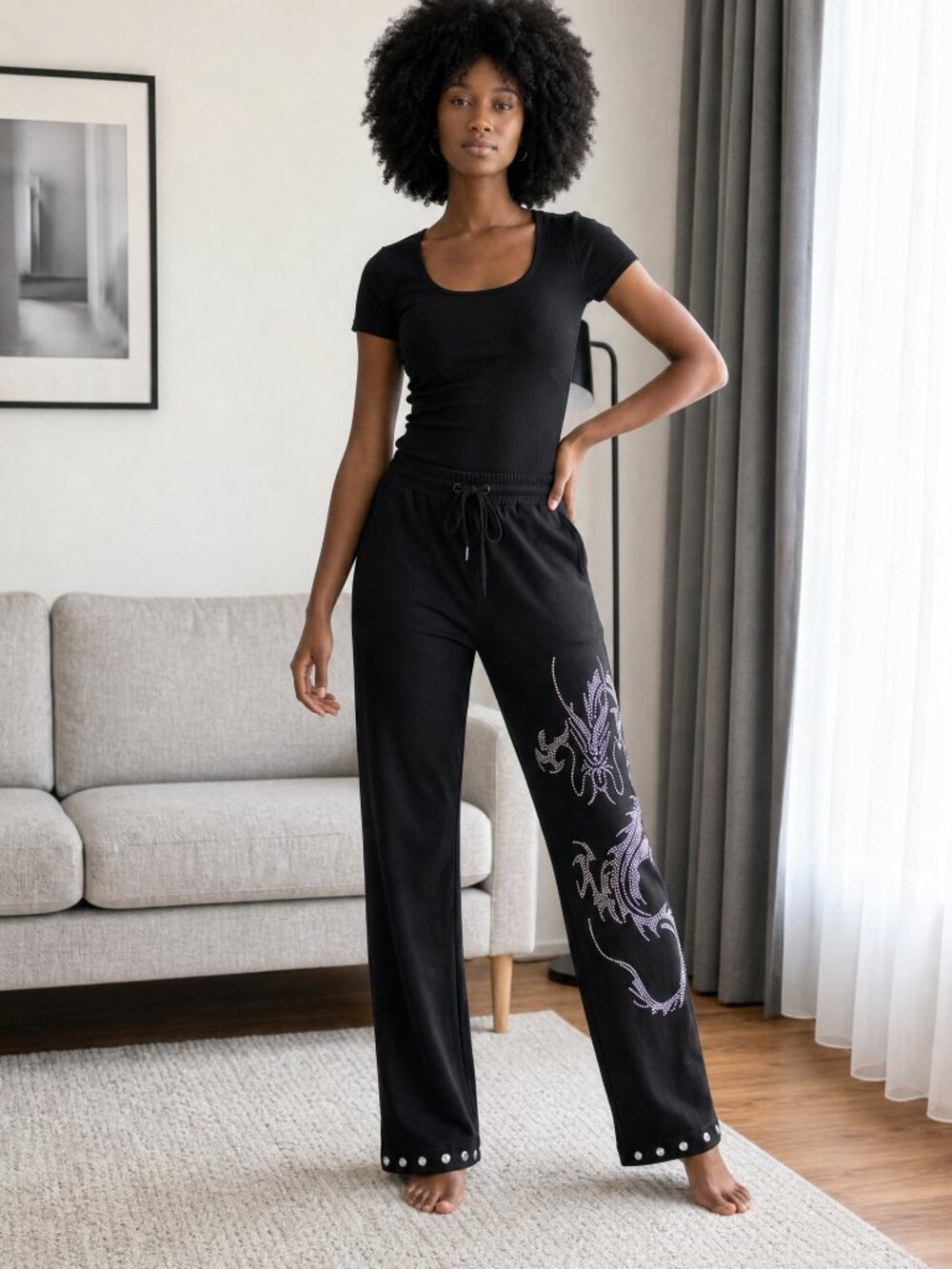 New Drawstring Cotton Pant with Rhinestone Dragon